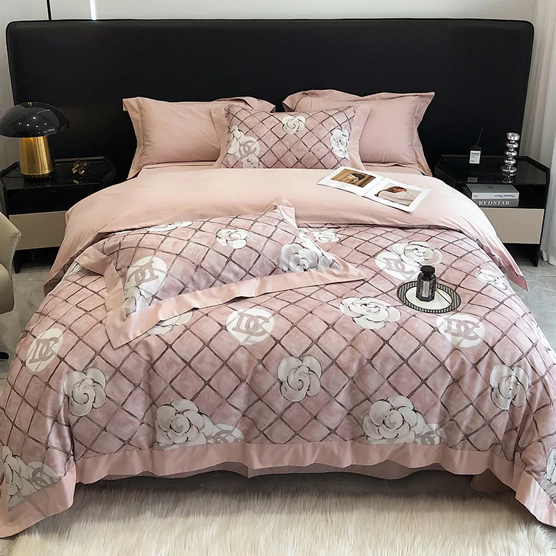 

2023 New Long Staple Cotton Embroidered Plain Color Four-piece Bedding Household Must Four Seasons Universal Bedding Pink White