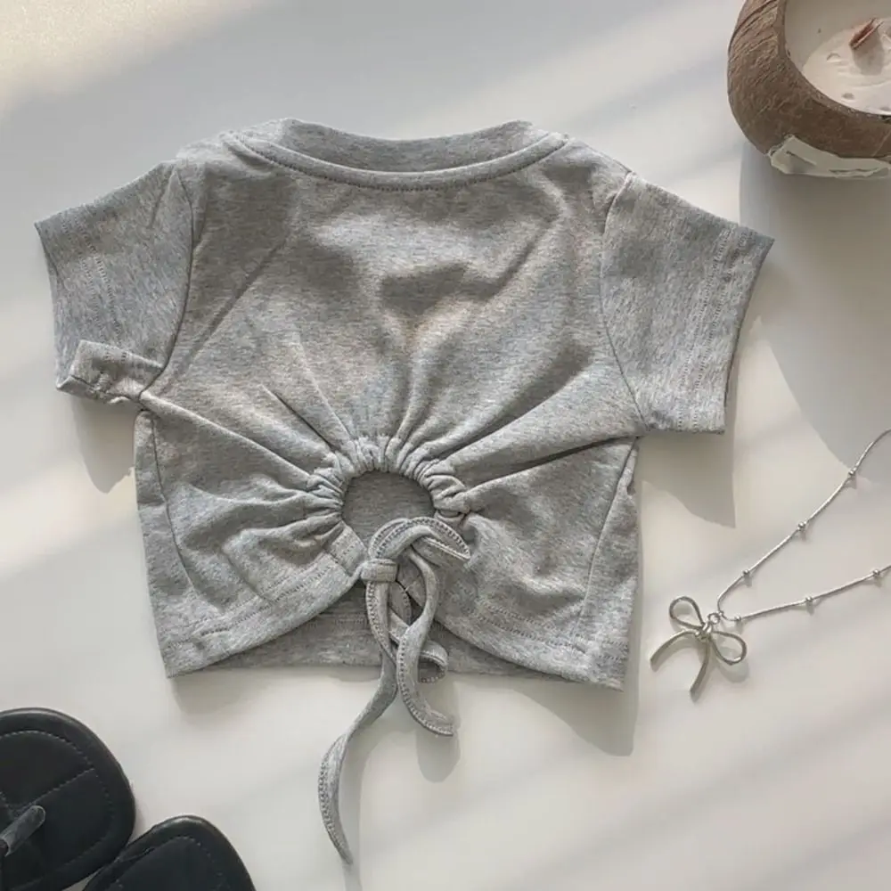 Simple Lace Up Teens Bow T-shirts Korean Style Summer Slim Crop Top Short Sleeve Sweet Girl's Top Students