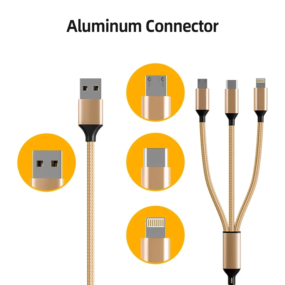 6 Pcs 3-in-1 nylon braided Usb Cable for a variety of devices MFi certified USB Fast charging with Type-C Micro USB IP interface