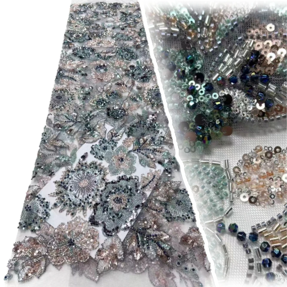 

Luxury French Mesh Embroidery Beaded Lace Fabric African Nigerian Sequins Lace Fabric for Wedding Dresses Sewing Material TP1819