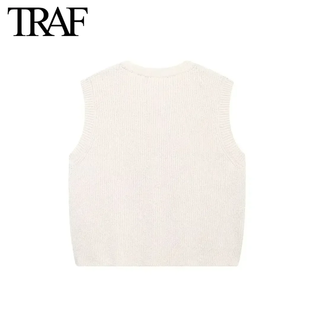 TRAF Women Fashion Spring New Solid Color Pocket Single Breasted Cardigan Round Neck Knitted Sweater Vest Sweet Chic Ladies Tops