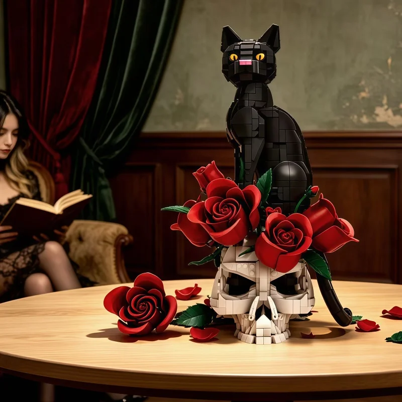 1576 particle style black cat assembly building blocks, skull vase with red rose bouquet, creative desktop art decoration collec view 3