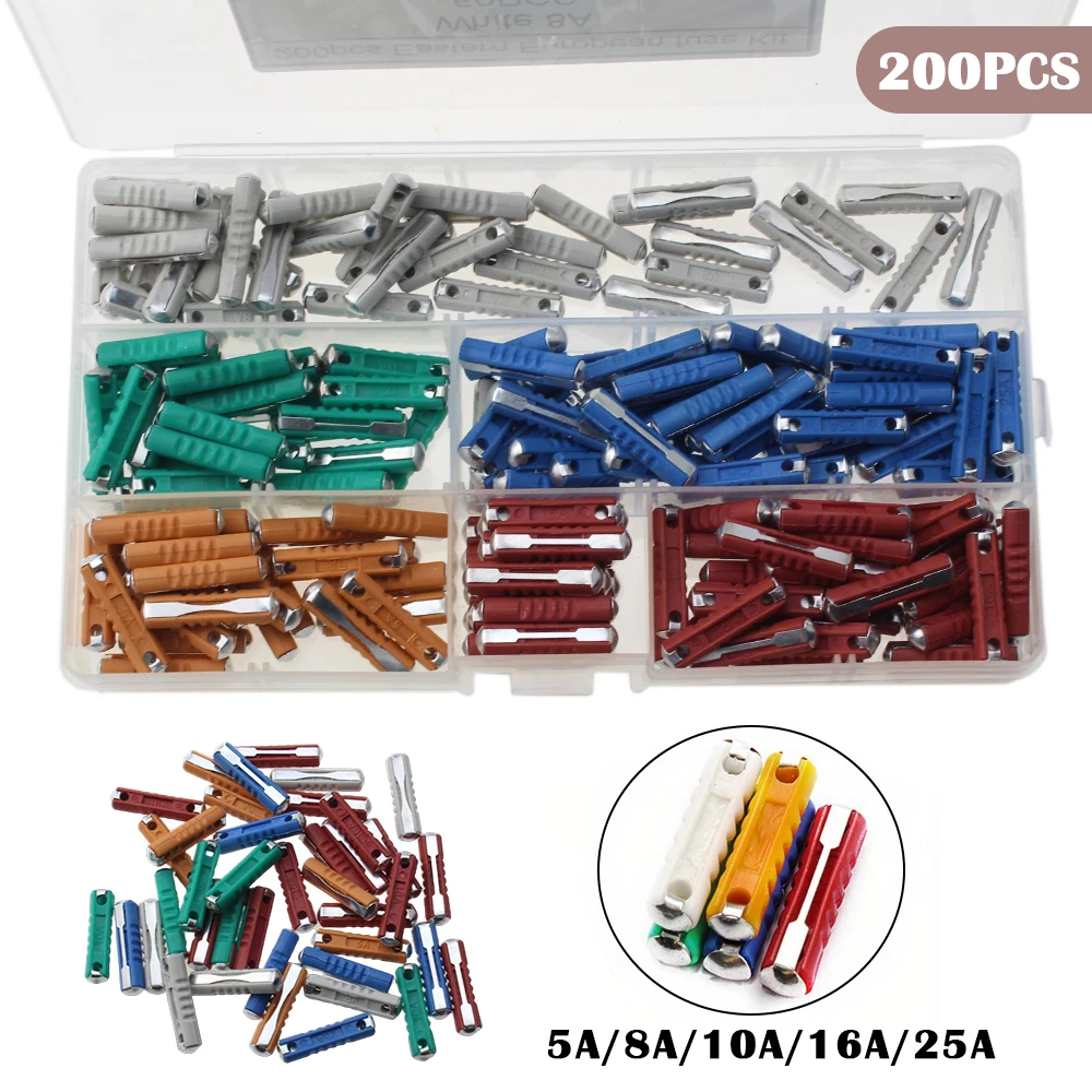 200 Pcs Continental Car Fuses Type For Vintage Classic Cars European Bar Torpedo Fuse Set 5/8/10/16/25AMP