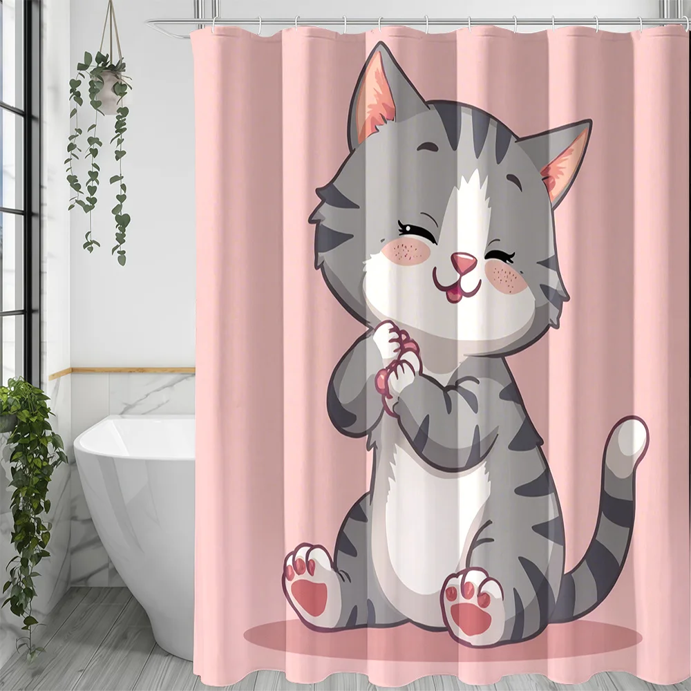 

Cute Cartoon Cat Shower Curtain, Pink Striped Background, Funny Animal Bathroom Decor, Waterproof Polyester Bath Curtain