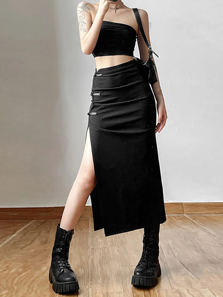 Saias Midi Cargo Preto Escuro Goth para Mulheres, Y2K Grunge Gothic Split Sexy Saia de Cintura Alta, Moda Coreana, Calças De Outono, Streetwear