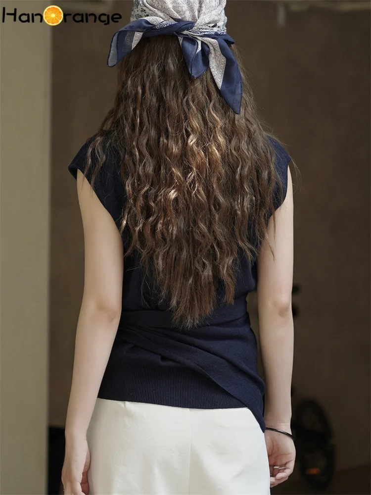 HanOrange 2025, moda de otoño, chaleco tejido con tirantes y cuello en V, Top de temperamento suave para mujer, azul marino/avo