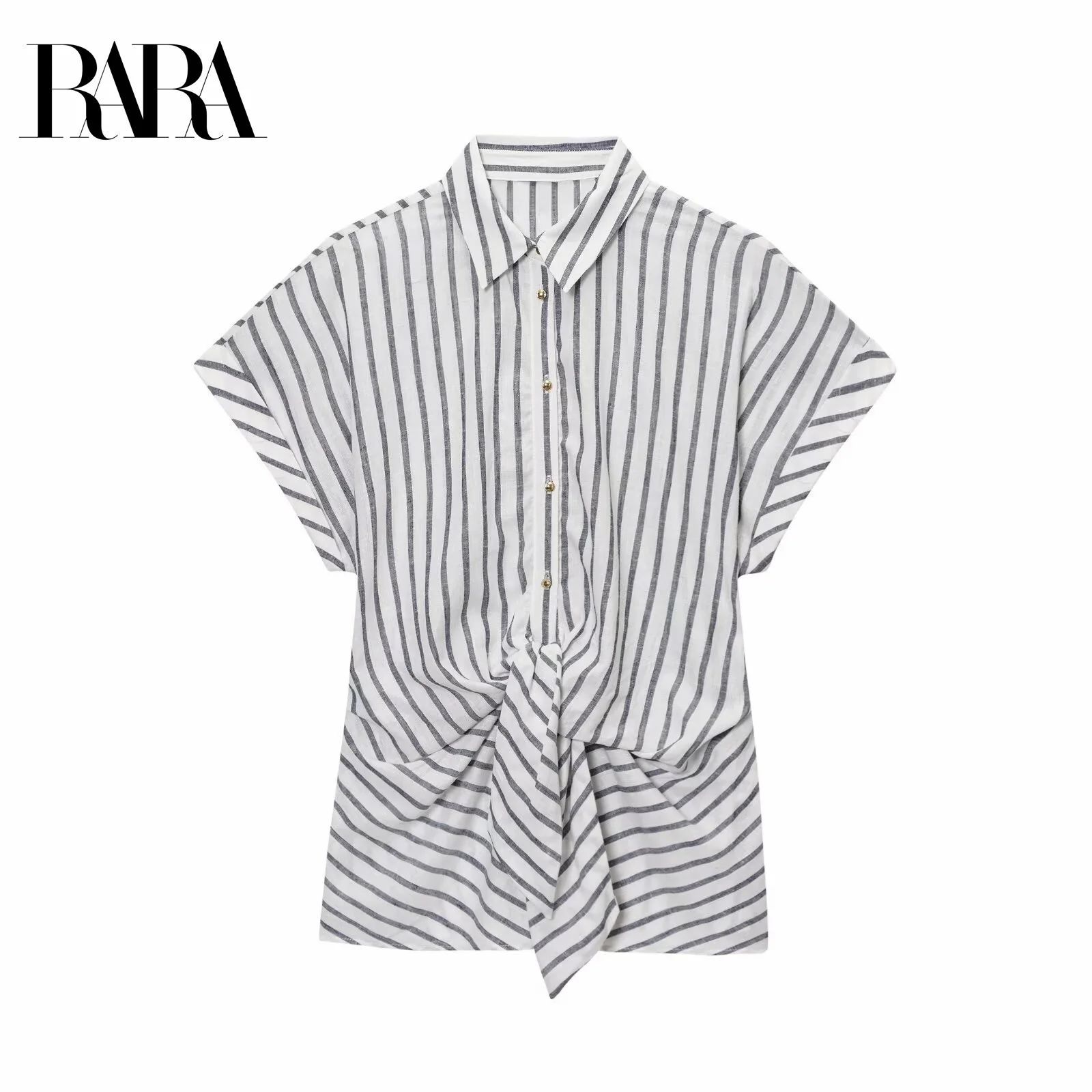 

RARA2025 summer new women's clothing casual fashion versatile simple comfortable knot striped short-sleeved lapel shirt top