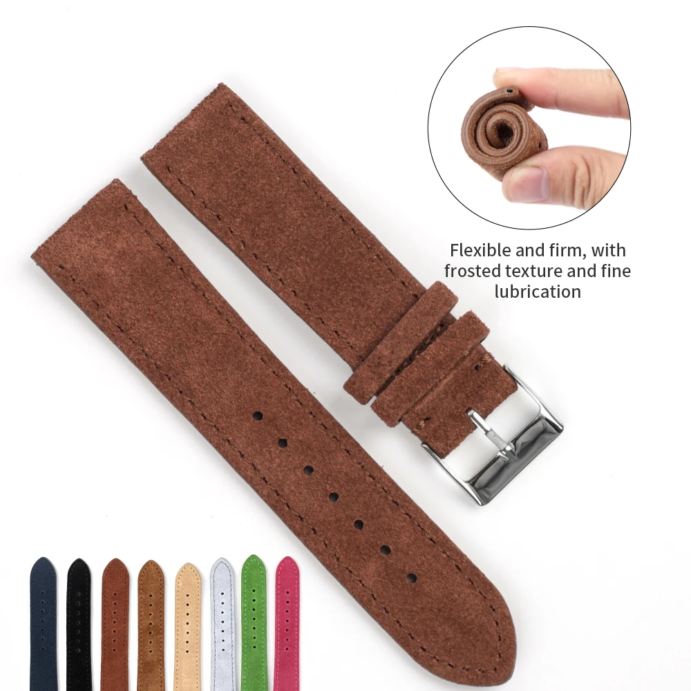 Genuine Suede Leather Watch Strap 18mm 20mm 22mm Brown Blue Black Watchband Stainless Steel Buckle Men Women Watch Accessories