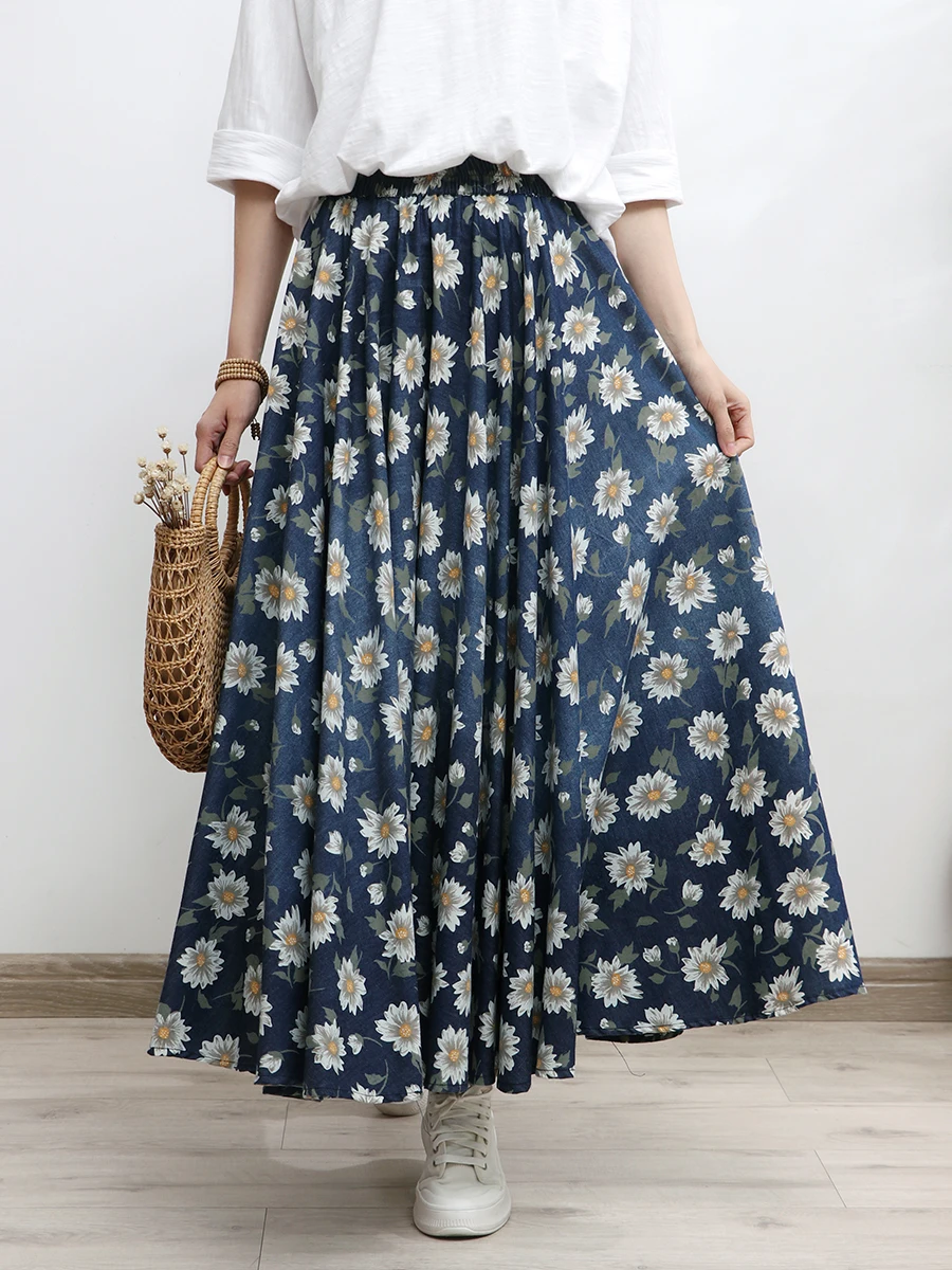 Free Shipping 2024 Deep Blue New Long Maxi Women Elastic High Waist Spring  Summer Denim Printed Flower Lady  A-Line Skirts