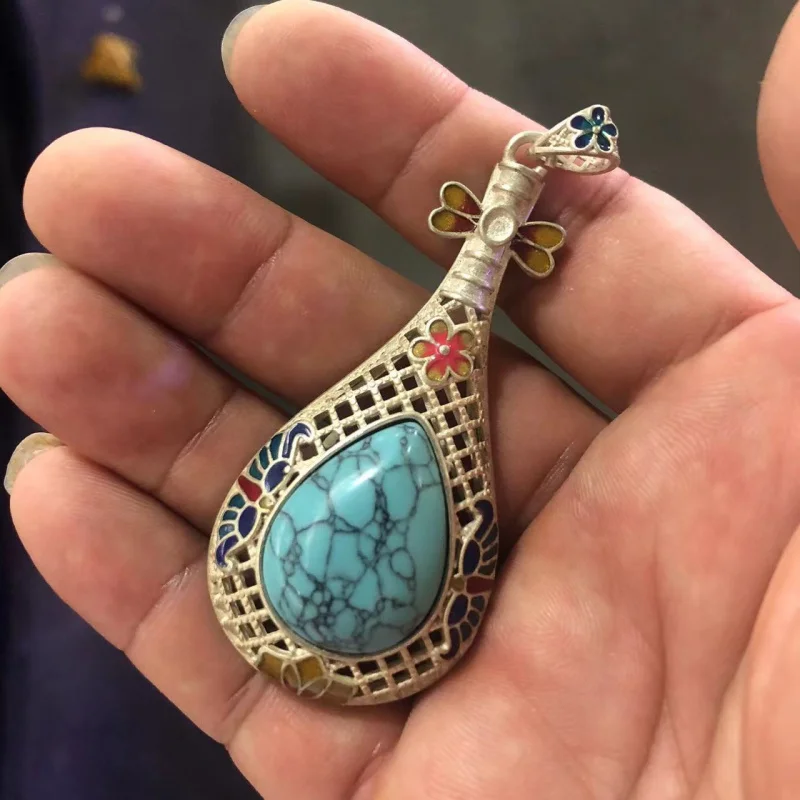 Exotic Pipa Vintage Imitation Turquoise Musical Instrument Coat Pin Ethnic Style Brooch Accessory