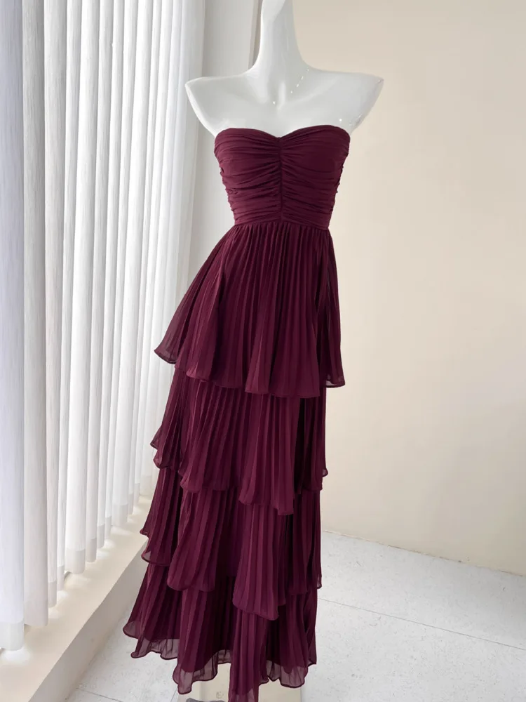 DEAT Elegant Dress Strapless Pleated Flounce Multilayer Long Zip Women's Evening Party Dresses 2024 Autumn New Fashion 35Z1192