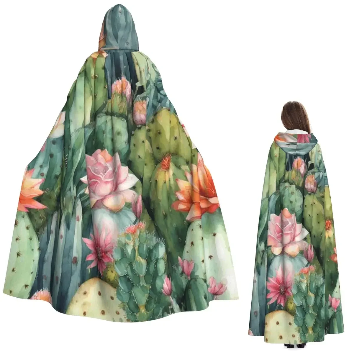 

Watercolour Cacti In Bloom Long Hooded Cloak Witch Medieval Costume Cosplay Cape HalloweenVampire Adult Unisex