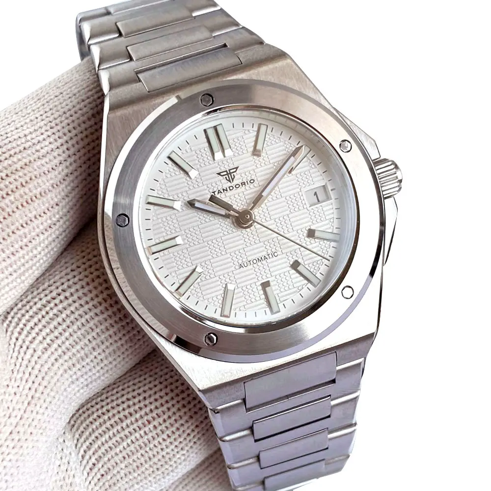 Tandorio 40 mm weiß kariertes Gitter-Zifferblatt, leuchtende NH35 mechanische Herren-Armbanduhr, Saphirglas, Stahlarmband, Datumsstab-Index 8