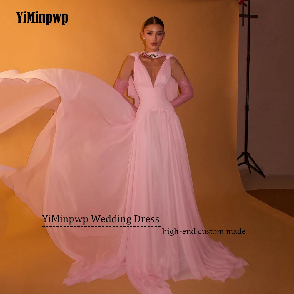 فساتين لحضور الحفلات الموسيقية من الشيفون الوردي عميق على شكل حرف v بدون أكمام فساتين سهرة مثيرة للنساء بدون ظهر فيستدوس دي فييستا أنيقة حسب الطلب