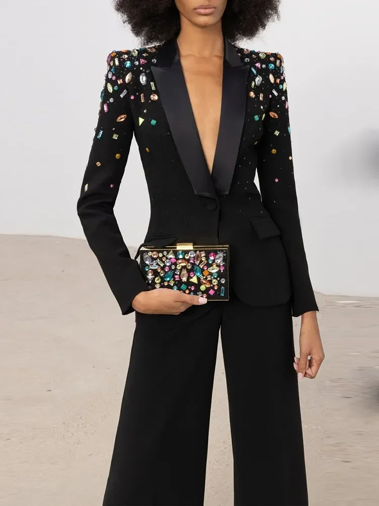 

Birthday Outfit Singer party cloth Designer Runway Fashion Suit Set Women's Slim Fitting Strass Diamonds Beaded Blazer Pants Set