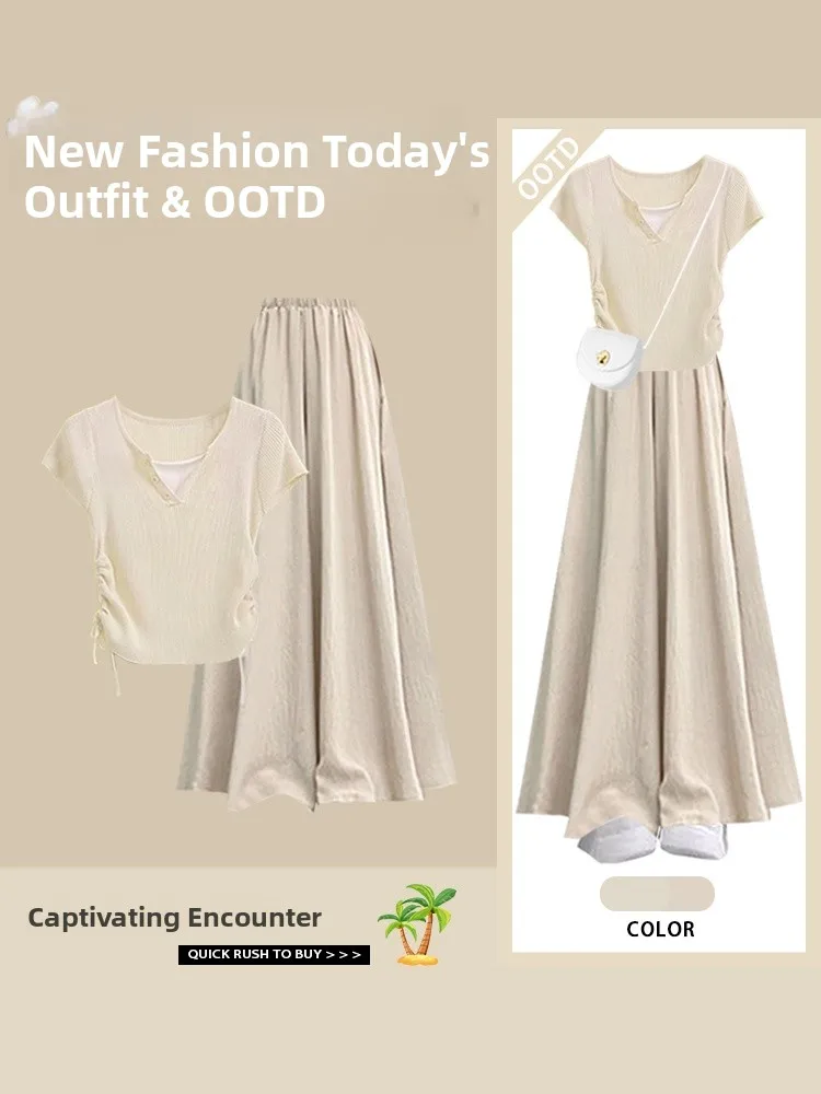 Maglieria coreana in due pezzi finta Sle ort Sve Pantaloni larghi con gonna a f Set in due pezzi Abito estivo dimagrante da donna