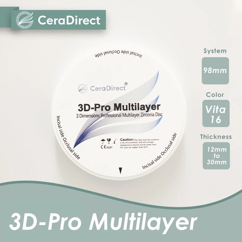 Ceradirect 3D-Pro Sistema abierto de circonio multicapa (98 mm) de espesor 14-18 mm —— para laboratorio dental CAD/CAM