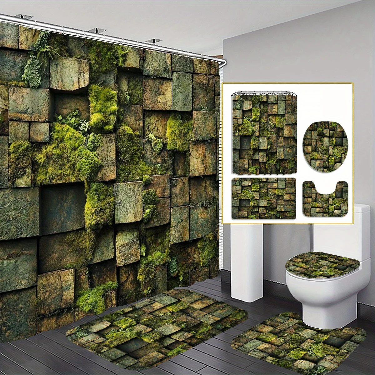 

4pcs Fresh and Natural Outdoor Moss Brick Wall Pattern Shower Curtain Set Bathroom Curtain, Bathroom Decor Shower Curtain