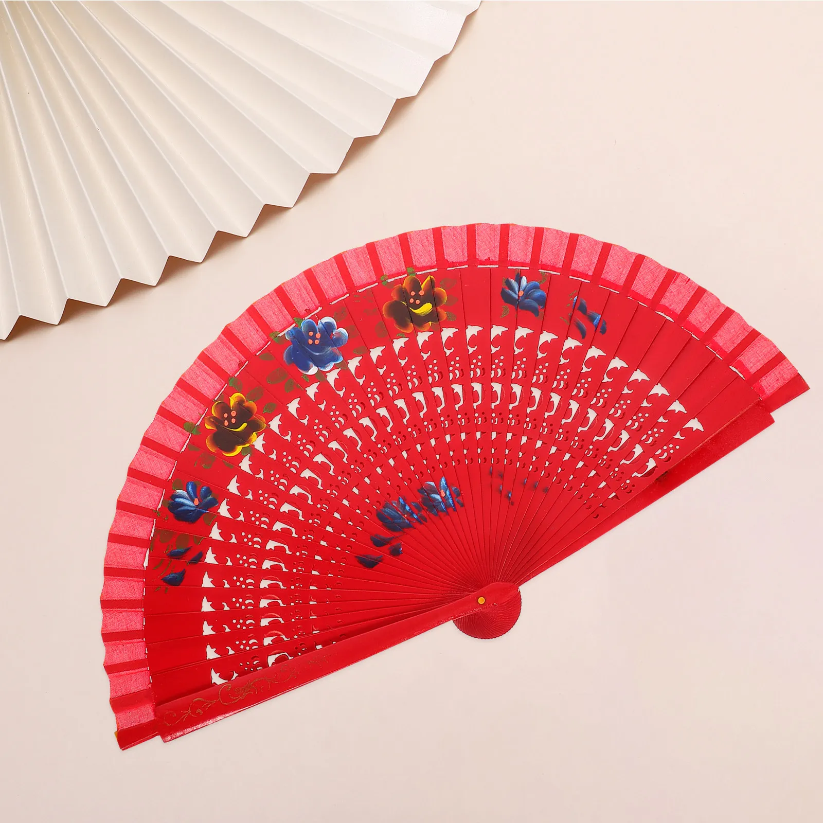 Red Vintage Wooden Folding Hand Fan Spanish Style Double-Sided Lace Pattern for Dance Performances Home Decor Spanish Folding