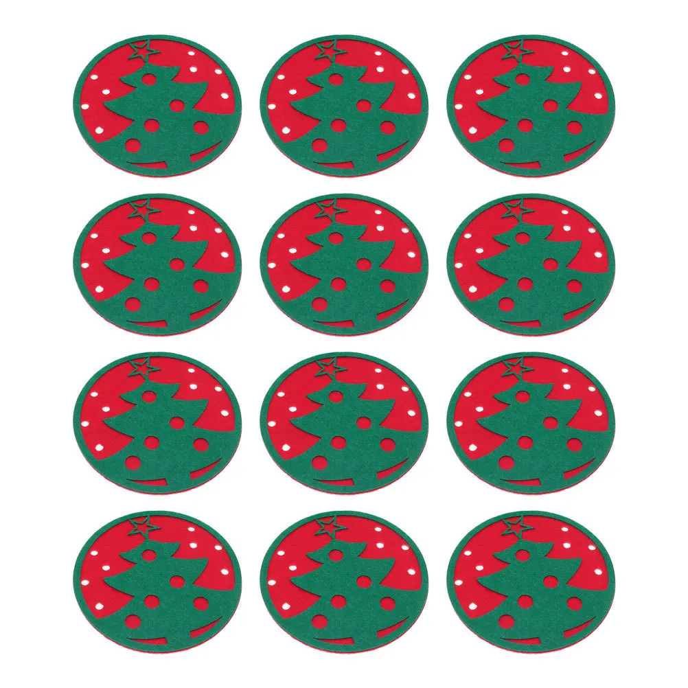 

12pcs 10x10cm Felt Coasters Heat Insulated Xmas Tree Cup Mats Round Holiday Table Protectors Winter Christmas Party Placemats