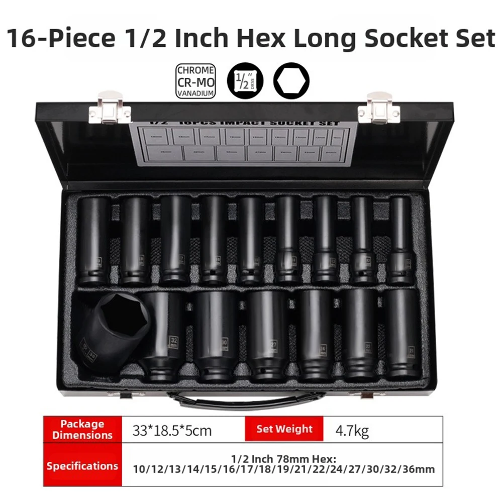 16 Piece 12 Point Extended Socket Set For Pneumatic For Impact Wrench 10-36mm CR-MO Steel Auto Repair Tool Kit