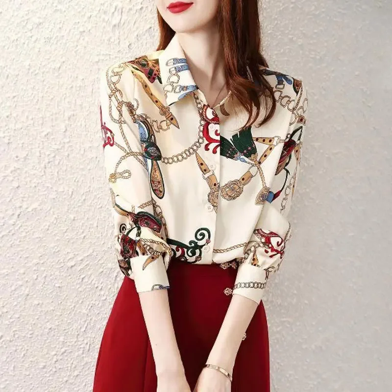 

Casual Printed Chiffon Blouse Spring Autumn Polo-Neck Fashion Single-breasted Women's Clothing Loose Patchwork Long Sleeve Shirt