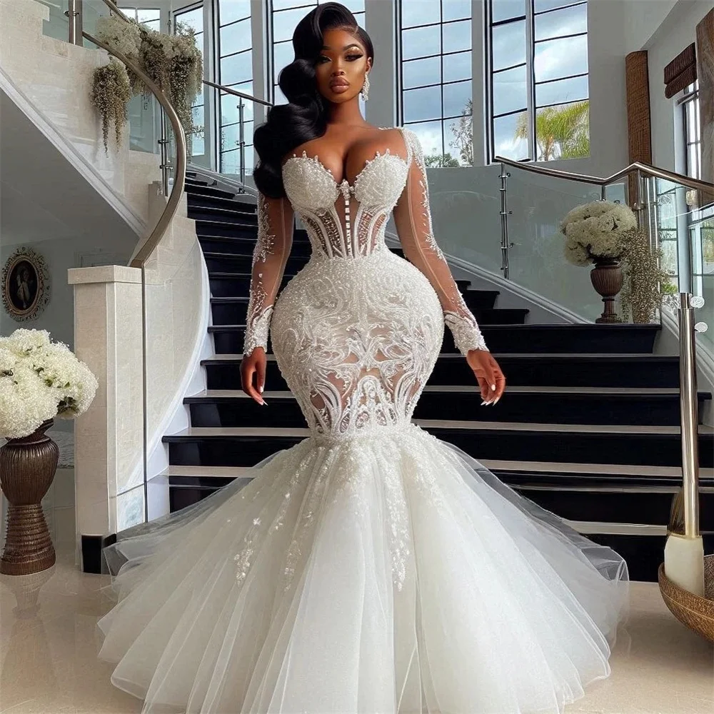 

Lace African Wedding Dresses Black Girls long Sleeves Beaded Aso Ebi Women Bridal Gowns Vestido De Novia 2026 Customized