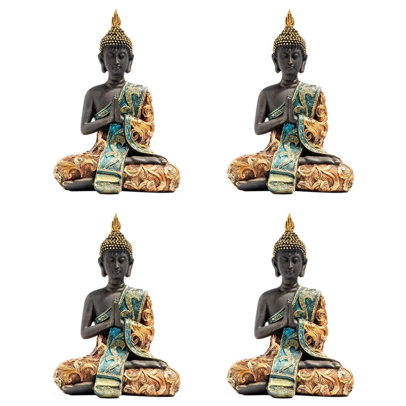 

4X Buddha Statue Thailand Sculpture Resin Handmade Buddhism Hindu Feng Shui Figurine Meditation Home Decor Ornament