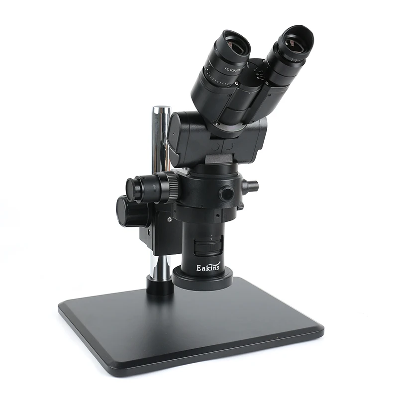 Mikroskop stereoskopowy trójokularowy z obrotowym zoomem ciągłym 7-45X, symultanicznym ostrościem, okularem szerokokątnym WF10X/22MM i 8-zonowym oświetleniem pierścieniowym.