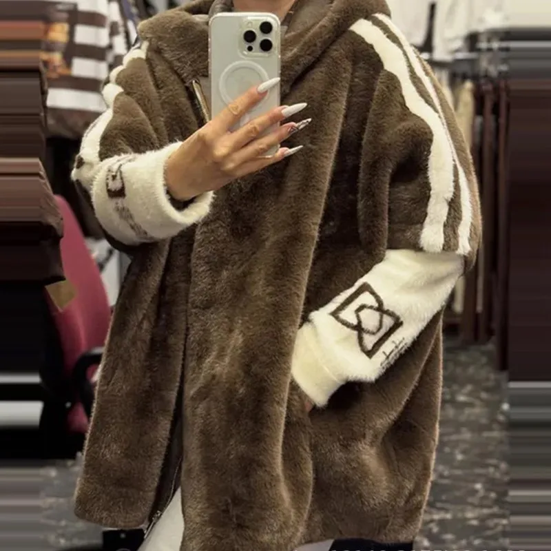 Herbst Winter Neue Pendlerkleidung Lässiger Warmer Plüsch Damenmantel Modischer Reißverschluss-Cardigan mit Trompetenärmeln Loser Kapuzenmantel