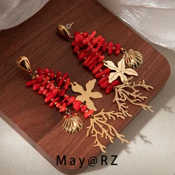 1Pair Elegant Red Coral Tassel Stainless Steel Women's Earring 14K Gold Plated Fashion Jewelry 2024 New Stylish Women's Earring