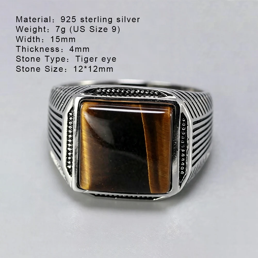 Authentic Sterling Silver 925 Man Ring With Tiger Eyes Fine Jewelry Stripe Pattern Natural Stone Cool Retro Punk Ringen