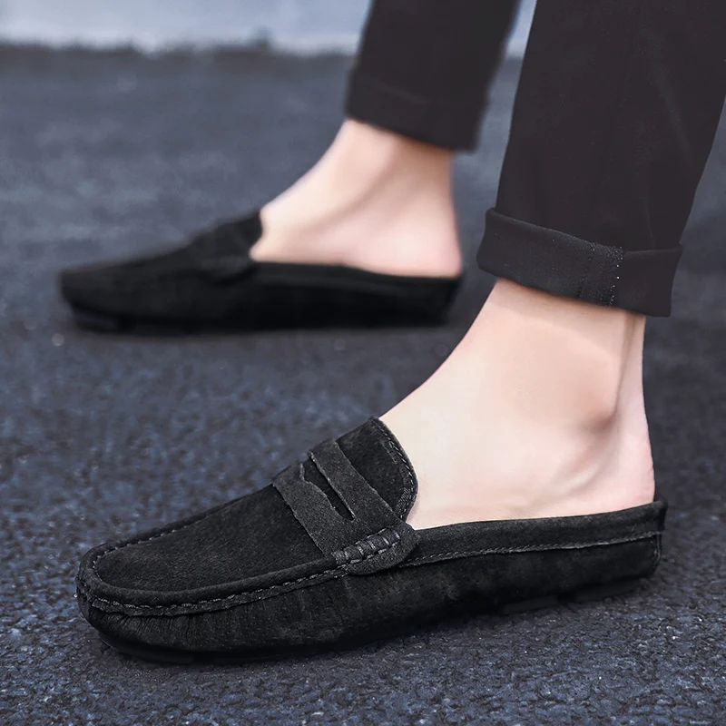 Summer Mules Man Half Shoes For Men Slippers Leather Mens Semi-Drag Casual Shoes Loafers Flip Flops Male Slides Flat Sandals