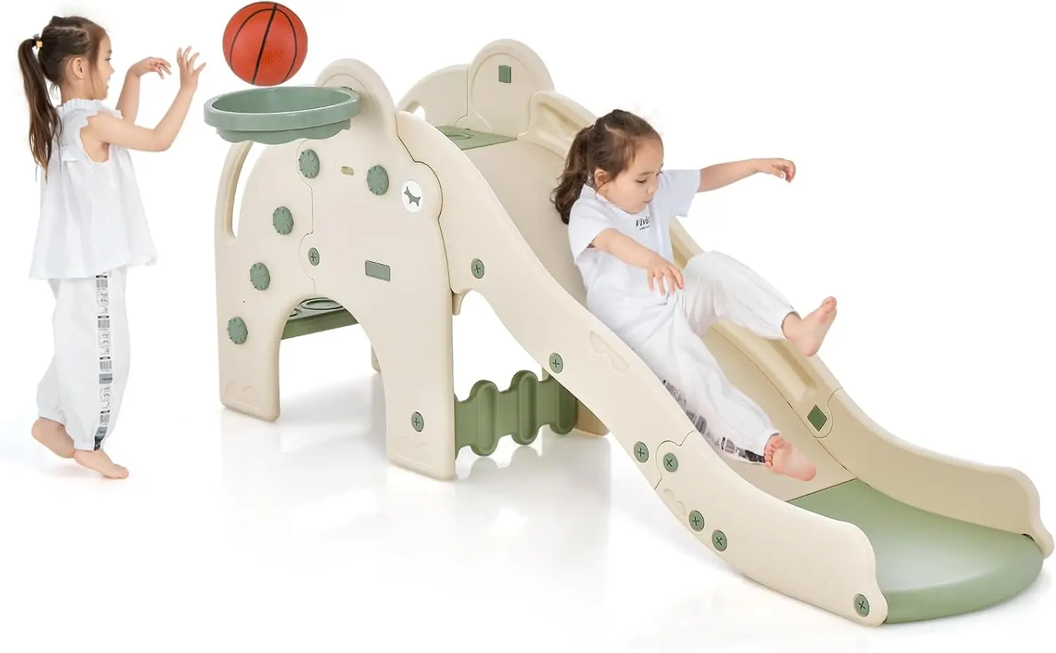 

Toddler Slide, Freestanding Slide for Toddlers w/Basketball Hoop & Ball, Indoor Outdoor Playground Baby Climber Playset, Easy Se