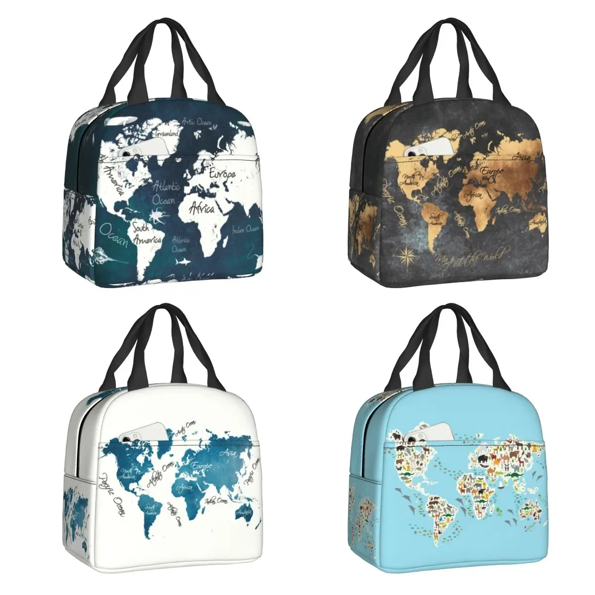 World Map Thermal Insulated Lunch Bag Women Portable Lunch Container for Kids School Children Storage Food Box