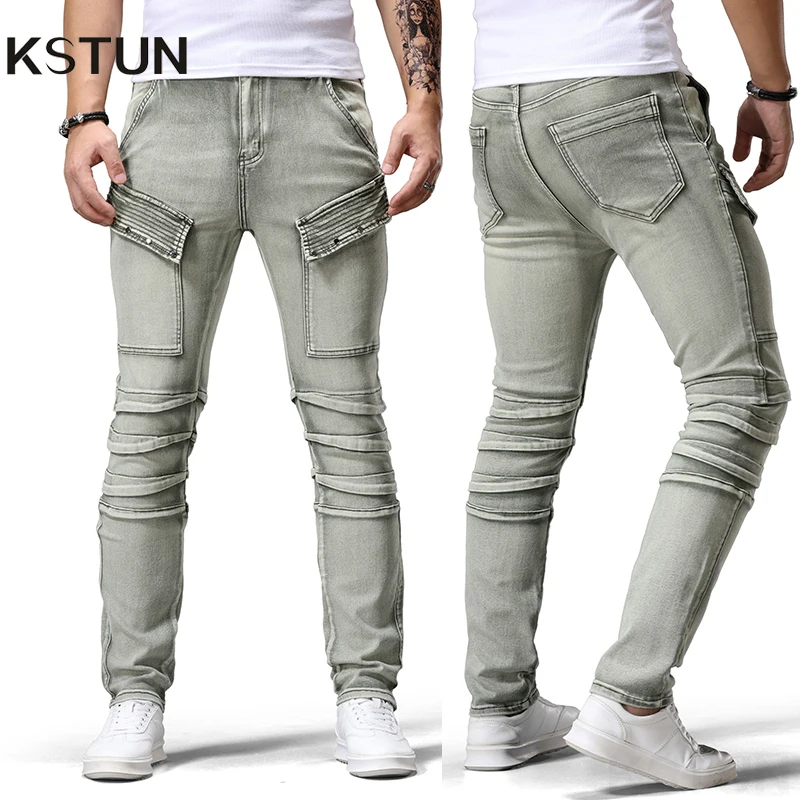 

KSTUN Moto & Biker Jeans Skinny Men Slim Denim Pants Streetwear Hip Hop Pleated High Stretch Jeans Vintage Light Green Cowboys