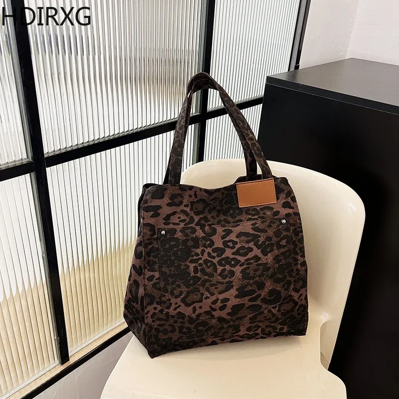 Women\'s Leopard Pattern Tote Bag Vintage Canvas Shoulder Bags Fashion Big Capacity Woman Handbag for School Working Shopping