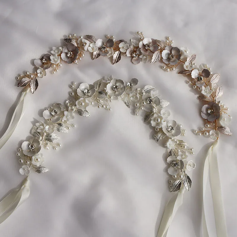 Wedding Hair Vine Gold Color Leaf Bridal Headband Tiara With Earrings Handmade Ceramic Floral Women Headpiece