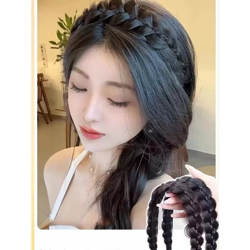 Retro Synthetic Braided Hair Headband, Fishbone Braid Wig Hoop in 3 Colors, Magic Paste or Regular Type, Hair Decor for Daily