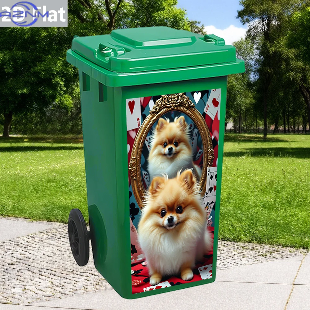1pc 2D Flat Pomeranian Puppy with Vintage Mirror and Playing Cards Trash Can Sticker – Self-Adhesive Waterproof PVC Decal for view 6