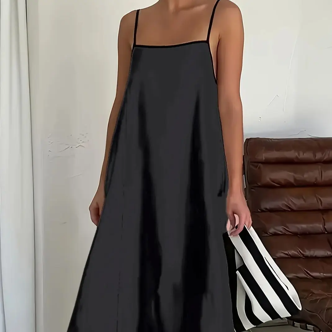 Women's Spring/Summer Solid Color Simple Loose A-line Spaghetti Strap Long Dress