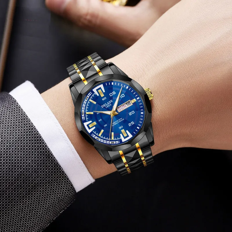 Men's Watch, Dual Calendar Luminous Fashion Rhombus Alloy Steel Belt Quartz Watch