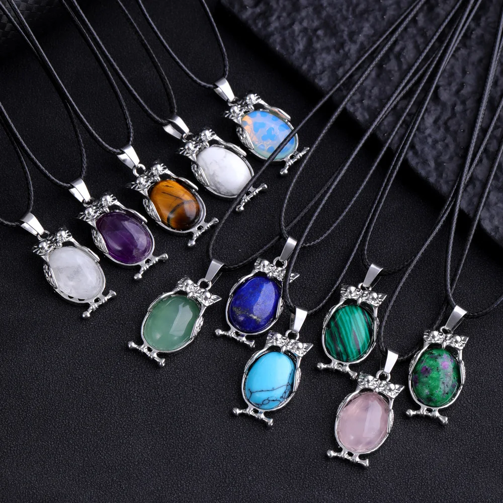 5pcs- Individual Natural stone Crystal agate alloy inlaid Owl Necklace Pendant