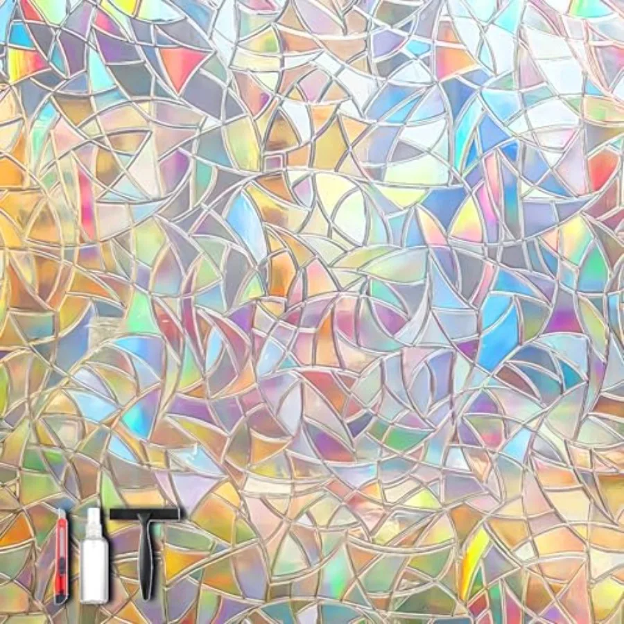 

Rainbow 3D Window Privacy Stickers - Static Cling No Glue Film with Installation Tools Anti UV Heat Block Stained Glass Look De