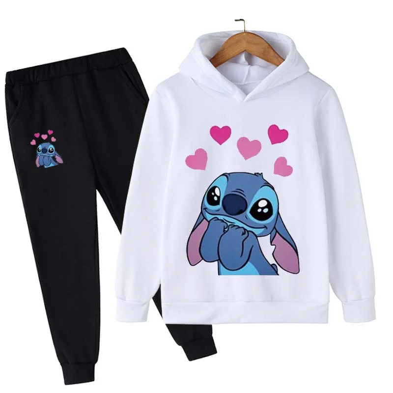 Girls Disney Stitch Hoodies Sweatshirts Children's Clothing Sets Child Girl Tops + Pants 2 Pcs Suits Kids Boys Tracksuits Set