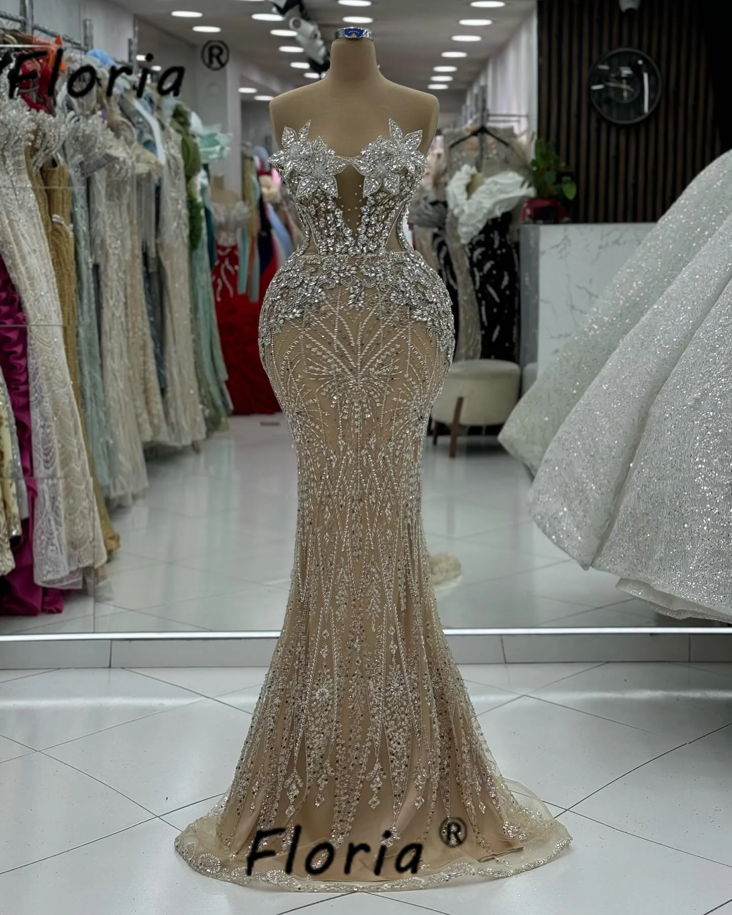 

Luxury Champagne Mermaid Evening Dresses Crystal Beaded Backless Prom Dress Elegant Formal Gala Party Vestidos de noche Cocktail