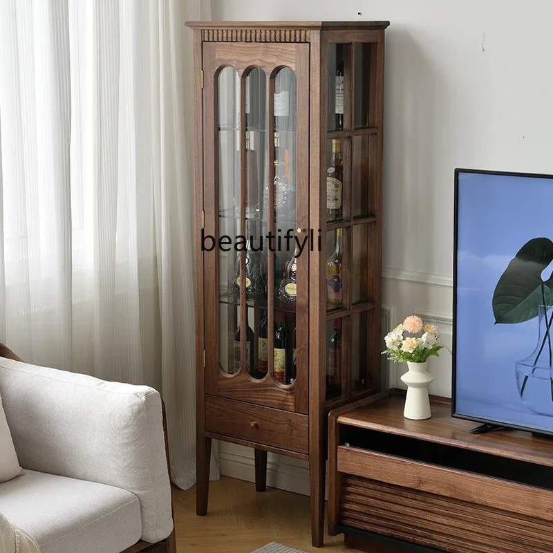

Living room retro glass display cabinet black walnut all solid wood Nordic wine cabinet locker