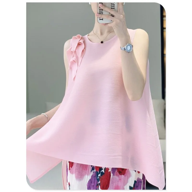 Miyake Pleated 대형 여성용 느슨한 다목적 언더 셔츠 여성 여름 2025 새로운 민소매 짧은 티셔츠 탑 심플