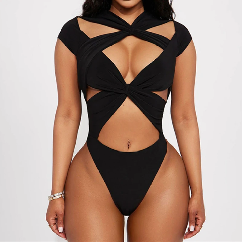 2025 Europese en Amerikaanse zomer damesmode sexy riem korte mouw kruis holle navelstreng jumpsuit met korte mouwen