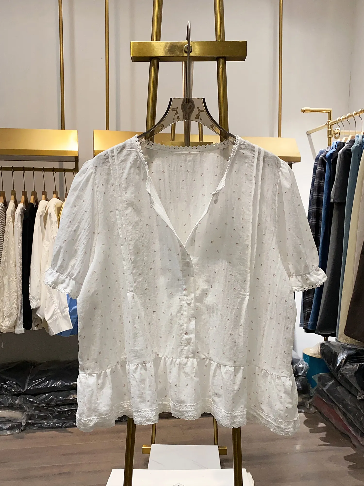 

Korean Style New Fashion Sweet Floral Ruffled Women's Top Puff Sleeve V-neck Loose Comfortable Casual Elegant Summer Shirt